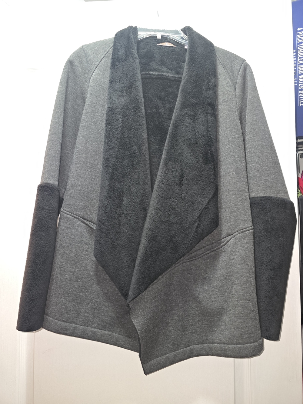 Open Front Faux-Fur Trim Cardigan Jacket - Charcoal Gray